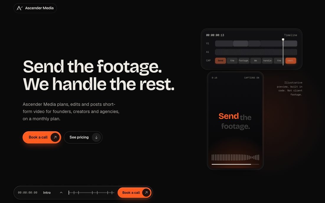 Ascender Media home page with an editing timeline