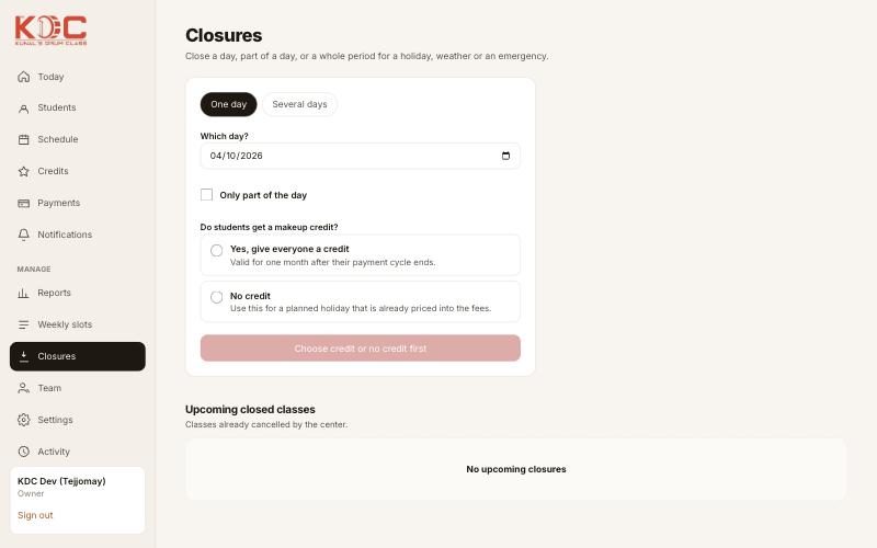 The closures page in the admin panel